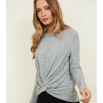 Grey Brushed Rib Twist Front Top