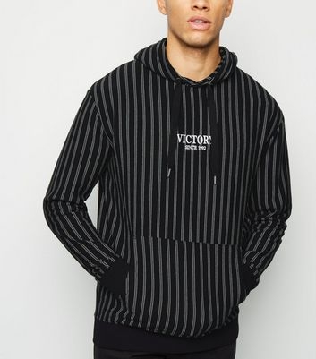 Black Stripe Embroidered Victory Slogan Hoodie