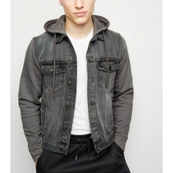 Dark Grey Jersey Sleeve Denim Jacket