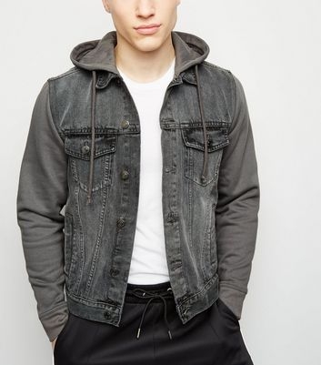 Dark Grey Jersey Sleeve Denim Jacket