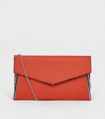 Orange Faux Snake Trim Envelope Clutch