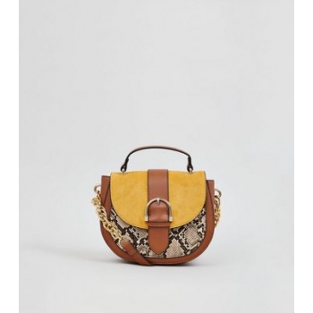 Tan Faux Snake Colour Block Saddle Bag