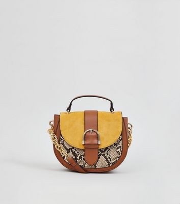 Tan Faux Snake Colour Block Saddle Bag