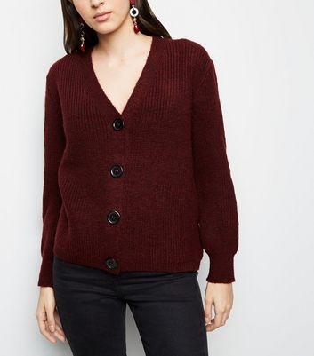 Burgundy Rib Knit Button Through Cardigan