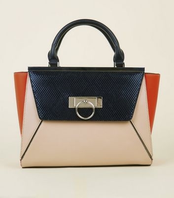 Orange Faux Snake Colour Block Tote Bag