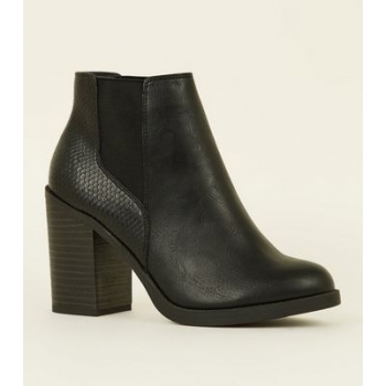 Black Faux Snakeskin Back Block Heel Boots