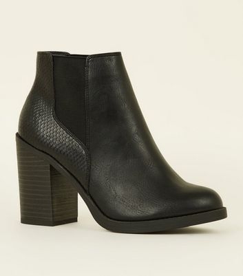 Black Faux Snakeskin Back Block Heel Boots