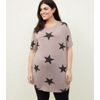 Blue Vanilla Curves Pink Marl Star Print Zip Sleeve T-Shirt