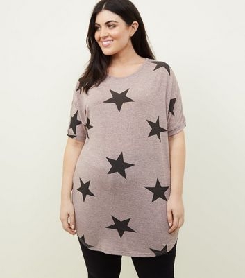 Blue Vanilla Curves Pink Marl Star Print Zip Sleeve T-Shirt