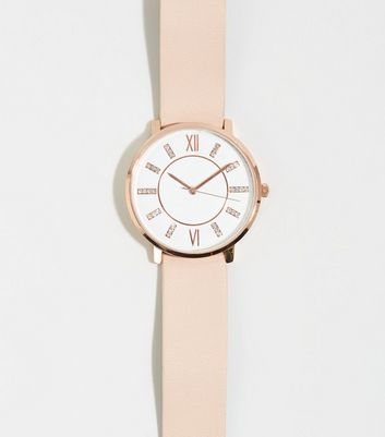 Pink Leather-Look Strap Diamanté Analogue Watch