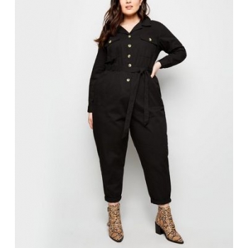 Curves Black Pocket Front Button Through Jumpsuit