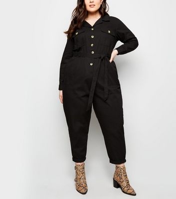 Curves Black Pocket Front Button Through Jumpsuit