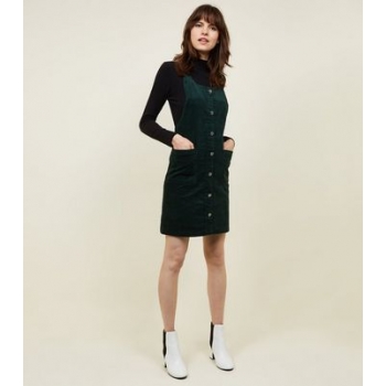 Dark Green Corduroy Button Front Pinafore Dress