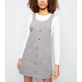 Grey Corduroy Button Front Pinafore Dress