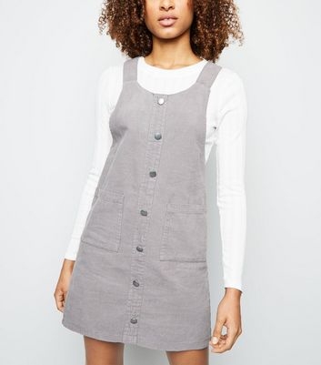 Grey Corduroy Button Front Pinafore Dress