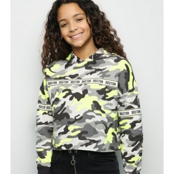 Girls Neon Camo Boston Tape Slogan Hoodie