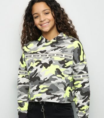 Girls Neon Camo Boston Tape Slogan Hoodie