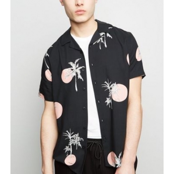 Dark Grey Sun Palm Print Revere Collar Shirt