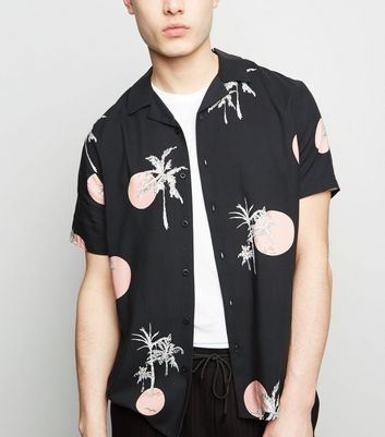 Dark Grey Sun Palm Print Revere Collar Shirt