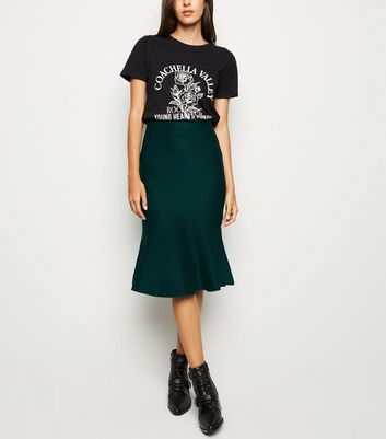 Dark Green Knit Fishtail Hem Midi Skirt