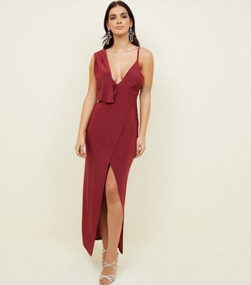 Burgundy Slinky Drape Front Maxi Dress