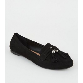 Wide Fit Black Suedette Tassel Trim Loafers