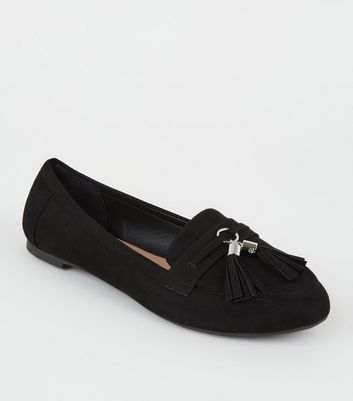 Wide Fit Black Suedette Tassel Trim Loafers