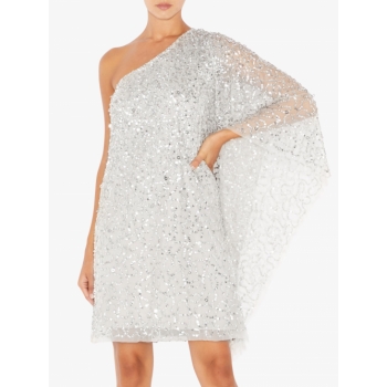 Adrianna Papell Short Beaded Kaftan Dress, Silver