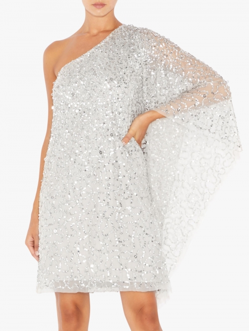 Adrianna Papell Short Beaded Kaftan Dress, Silver