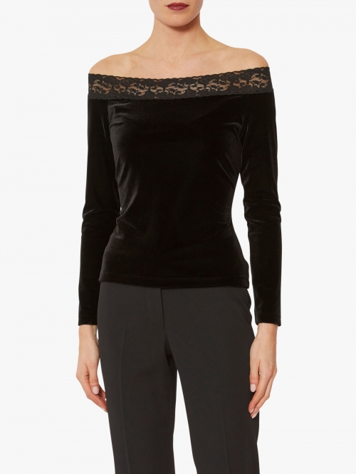 Gina Bacconi Gaby Velvet Lace Bardot Top, Black