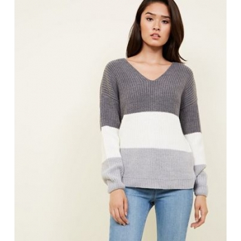 Light Grey Colour Block Twist Back Jumper