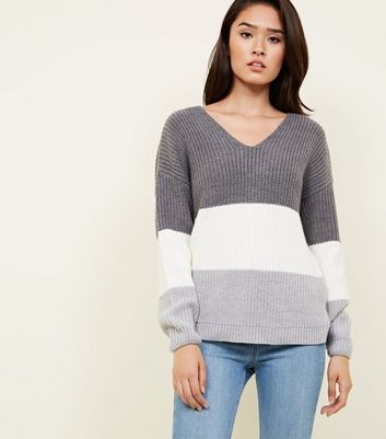 Light Grey Colour Block Twist Back Jumper