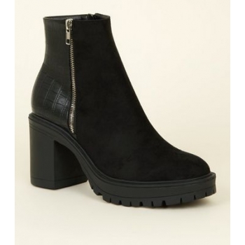 Black Zip Split Crock Suedette Chunky Boots