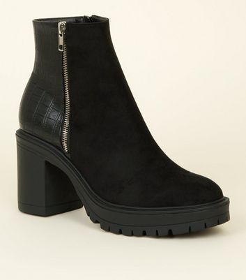 Black Zip Split Crock Suedette Chunky Boots