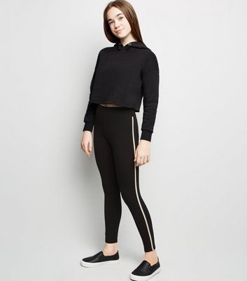 Girls Black Tape Side Stripe Leggings