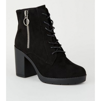 Wide Fit Black Ring Zip Lace Up Heeled Boots