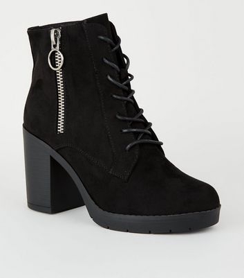 Wide Fit Black Ring Zip Lace Up Heeled Boots