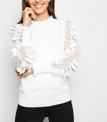 Blue Vanilla White Leaf Mesh Sleeve Jumper