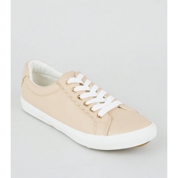 Wide Fit Nude Leather-Look Scallop Trim Trainers