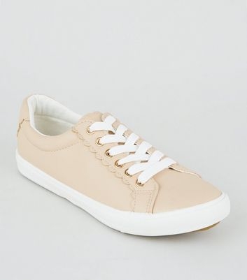 Wide Fit Nude Leather-Look Scallop Trim Trainers