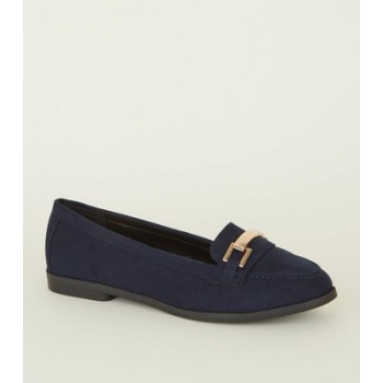 Navy Suedette Metal Bar Trim Loafers