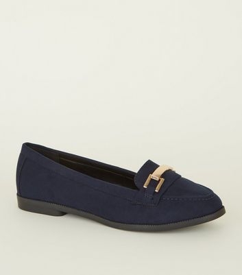 Navy Suedette Metal Bar Trim Loafers