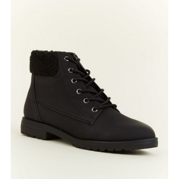 Black Teddy Cuff Flat Lace Up Boots