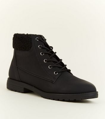 Black Teddy Cuff Flat Lace Up Boots