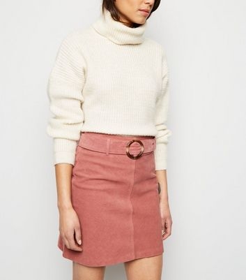 Mid Pink Resin Buckle Belted Corduroy Skirt