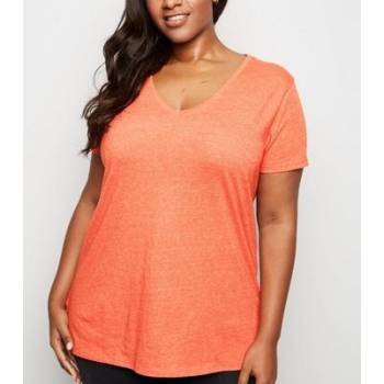 Curves Bright Orange V Neck Step Hem T-Shirt