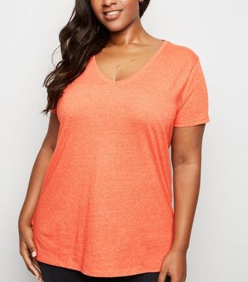 Curves Bright Orange V Neck Step Hem T-Shirt