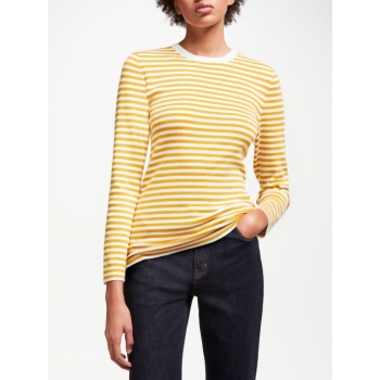 John Lewis & Partners Stripe Crew Neck Sweater, Ecru/Mustard