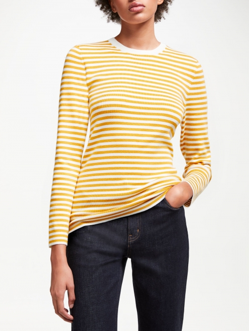 John Lewis & Partners Stripe Crew Neck Sweater, Ecru/Mustard