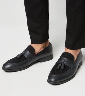 Black Mixed Material Tassel Loafers